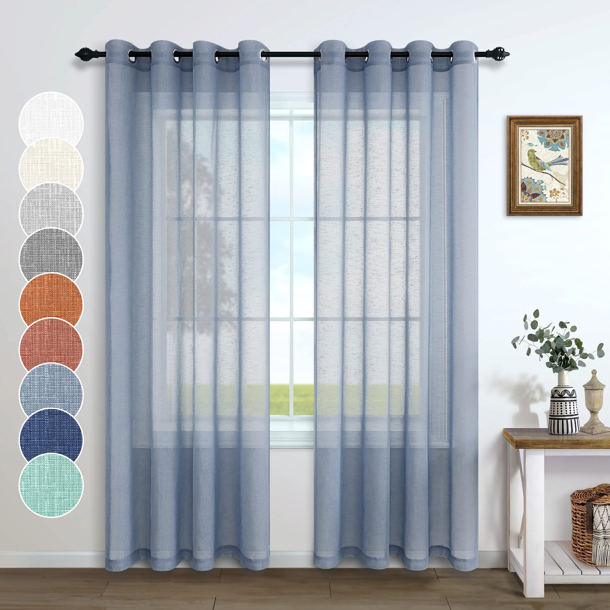 Dusty Blue Living Room Curtains 108 Inches Long 2 Panels Set Grommet Lightweight Voile Semi Sheer Weave Textured Natural Linen Look Curtain for Bedroom Decor Dining Room Window 52x108 Length
