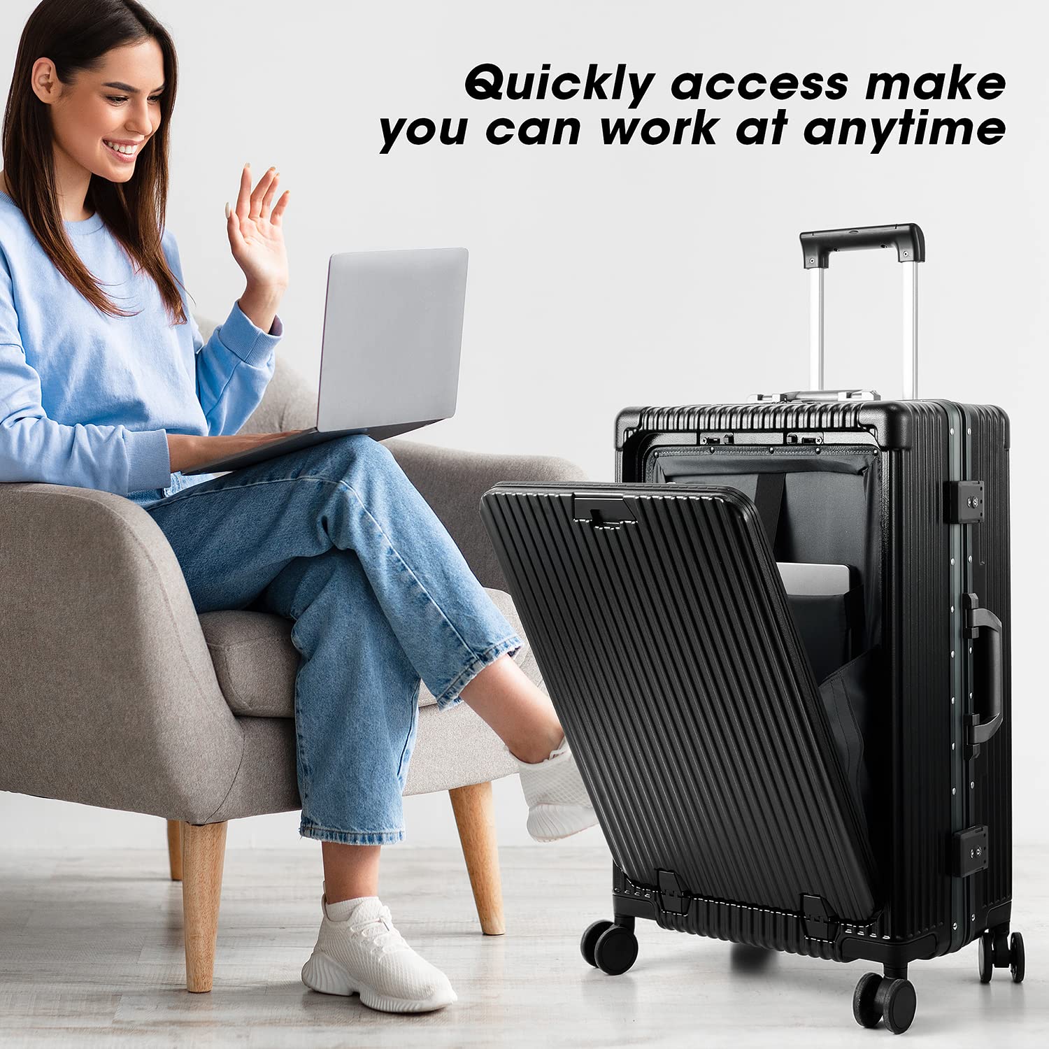 MRPLUM Front Pocket Carry On Luggage,PC Hardside Spinner Wheel Suitcase with TSA Lock, Cup Holder,Phone Holder&USB Charging Port,20 inch,White