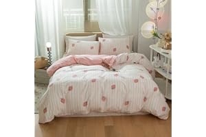 OTOB Cartoon Strawberry Duvet Cover Queen Full Cotton Kids Bedding Sets Gift Full Size for Girls Toddler Teen Bedding, Reversible Striped 3 Piece Bed Set (1 New Comforter Cover 2 Pillowcase), Pink
