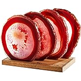 Luxury Lane Set of 4 Large Natural Brazilian Agate Slice Geode Rock Stone Drink Coasters with Wood Holder 4.3-4.7 inch Centerpiece Table Decoration, Red