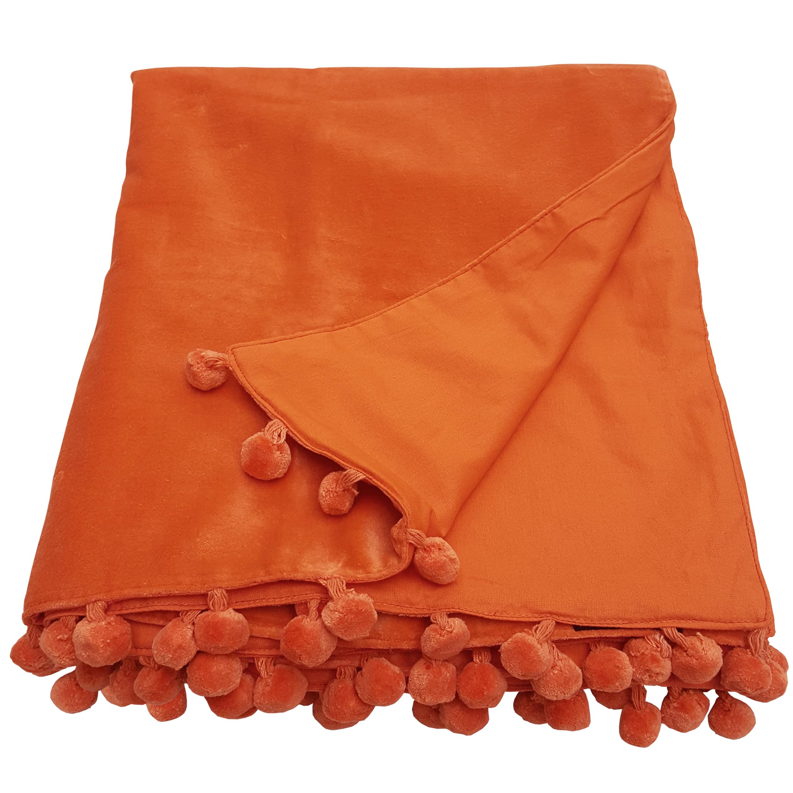 Ragged Rose 140 cm x 180 cm Throw Blanket - Pom Pom Throw Made of Cotton Velvet with Pompom Trims on Sides - Versatile Cotton Velvet Blanket for Sofa & Bed