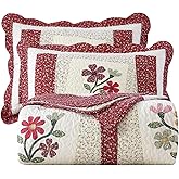 vctops Christmas Red 2 Piece Embroidered Floral Quilted Bedspread Quilt Set 100% Cotton Reversible Patchwork Coverlet Set 1 Quilt and 1 Pillow Sham (Red,Twin)