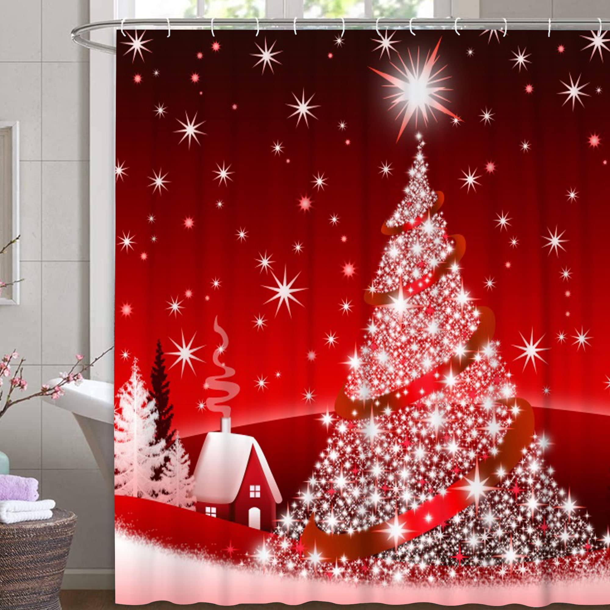 M&W DAS DESIGN Christmas Shower Curtain Snow House Textile Red Curtain White Christmas Tree Mould Resistant Christmas Decoration Star Colourfast Includes 12 C-Rings Weight Bottom 180 x 200 cm