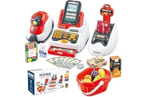 YOLIYOGO Pretend Play Cash Register Toy Role Play Shopping Cashier Playset with Scanner Card Machine Toy Foods Fruits 33pcs Set Funtional Checkout Game Educational Toy for Kids Birthday