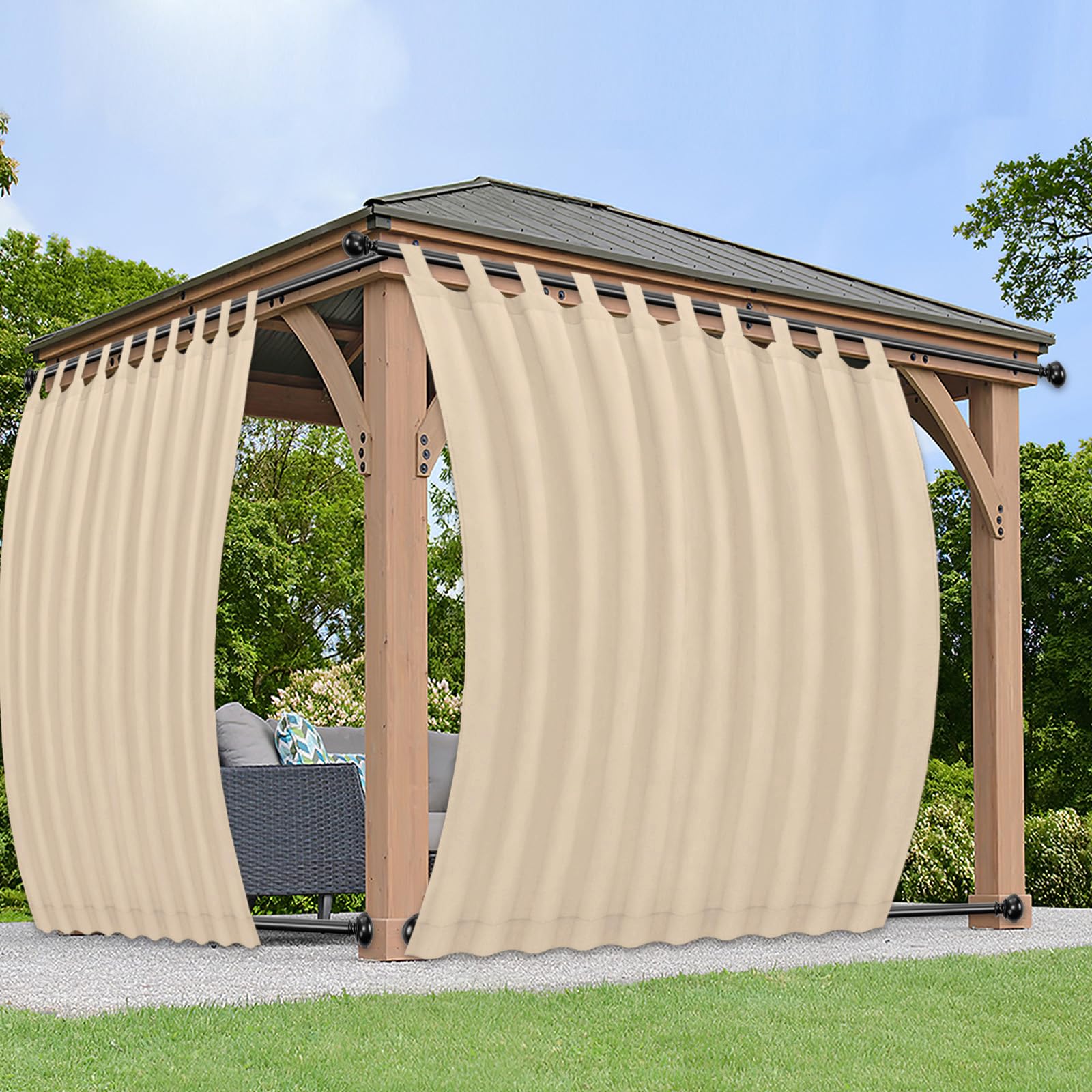 Photo 1 of PureFit Outdoor Curtains for Detachable Sticky Tab Top Patio Waterproof/Weatherproof, UV and Fade Resistant Outside Curtains for Gazebo, Porch, Pergola, Privacy Curtain, 110 x 120 in, 2 Panels, Beige
