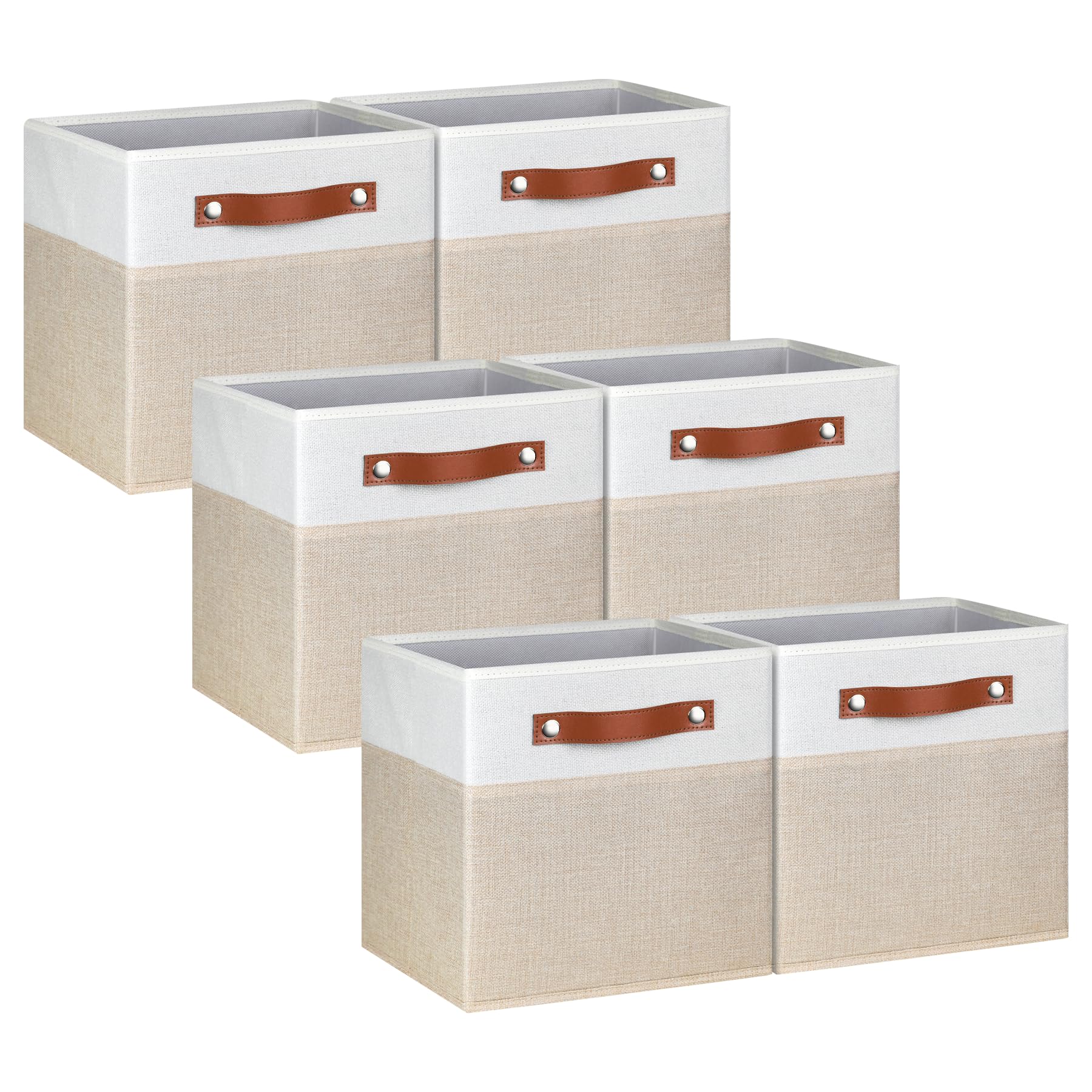 Photo 1 of 11 Inch Cube Storage Bin - 6 Pack - Linen Fabric 11x11 Cube Storage Bins for Bedroom, Living Room, Clothes and Toys; Foldable, Dual Leather Handles