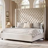 Jocisland King Bed Frame with 65" Tall Wingback Headboard, Cream | Extral Tall Headboard, Handcrafted Deep Button Tufting, Noise-Free, Solid Wood Legs, No Box Spring needed, Easy Assembly