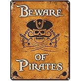 Beware of Pirates, 8.5 x 11.5 Inch Aluminum Sign, Pirate Accessories and Wall Decor for Man Cave, Brewery, Bar, Restaurant, Gifts for Men, Dad, Boyfriend, Vintage Rusty Distressed Look AL-0912-RK3000