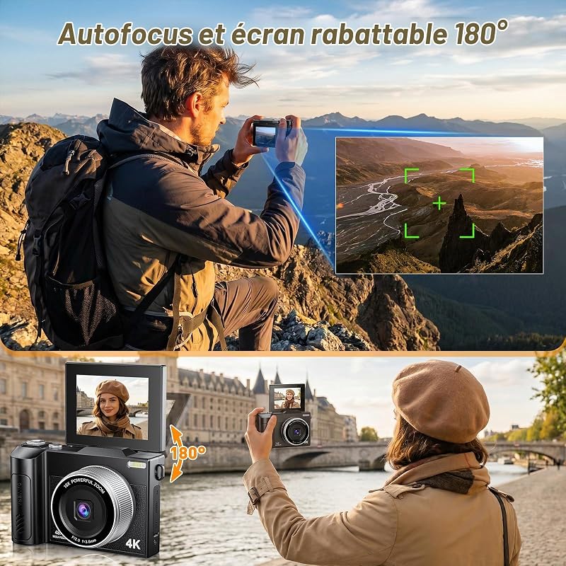 4K Appareil Photo Numérique 48MP Autofocus Compact Caméra avec 2.8'' Écran Rabattable 180° Digital Camera Zoom Numérique 16X avec Carte 32GB pour Adolescents Débutants Adulte (Noir) — photo 6 sur 7