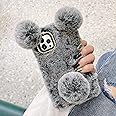 LUVI for iPhone 12 Pro Max Plush Furry Case Fuzzy Fluffy Ball Rabbit Faux Fur Hair Cute Cartoon Bear Ear with Bling Glitter 3D Diamond Bowknot Camera Protection Cover Gray