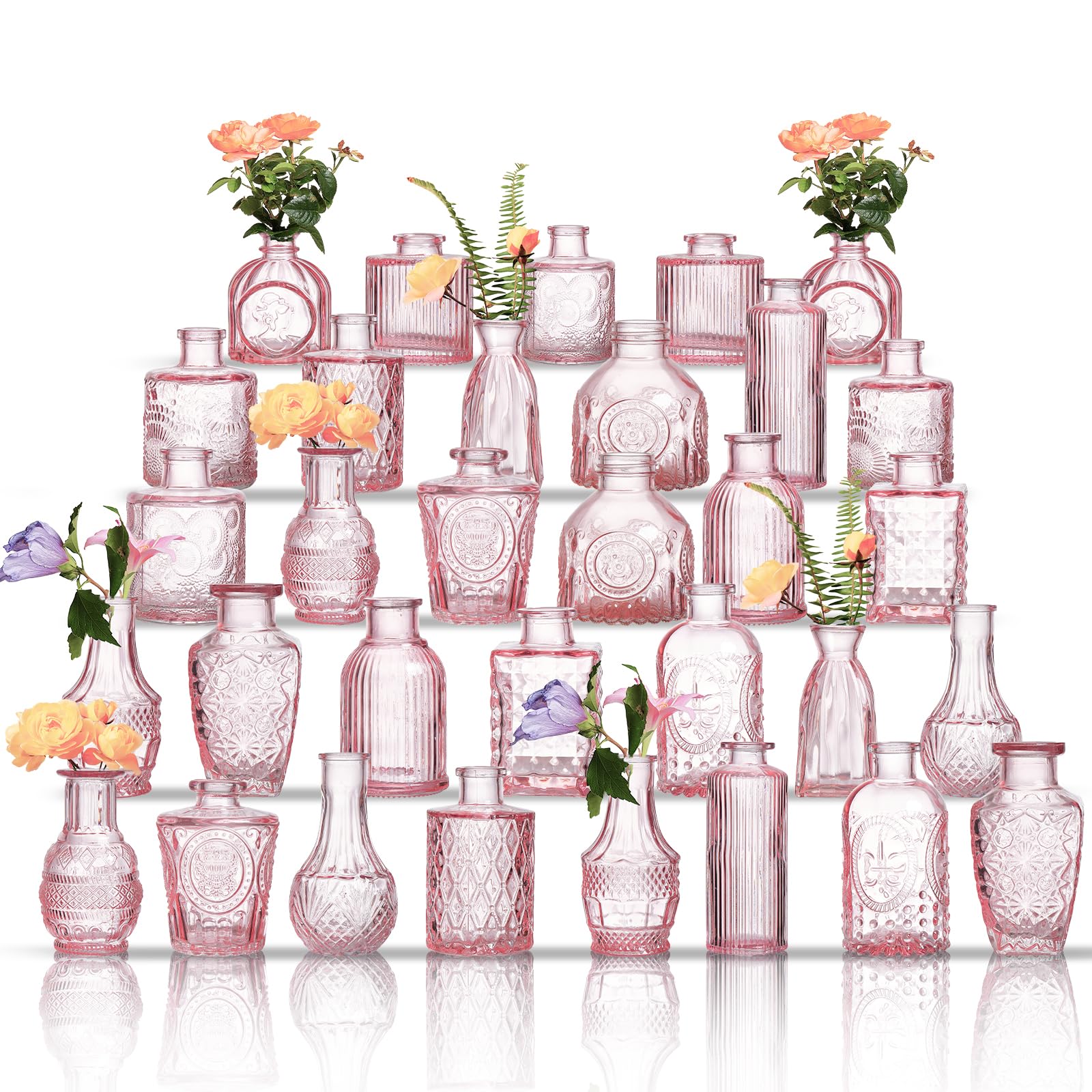 Photo 1 of (MINI) Glass Vases Set of 32 - Pink Assorted Small Mini Glass Vases for Flowers, Crystal Vintage Vase Set, Bulk Centerpieces for Table Décor, Wedding, Home and Events (Pink, 32 Pcs)