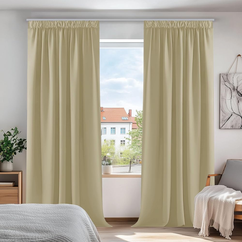Deconovo Solid Super Soft Thermal Insulated Pencil Pleat Curtains 66x90 Beige