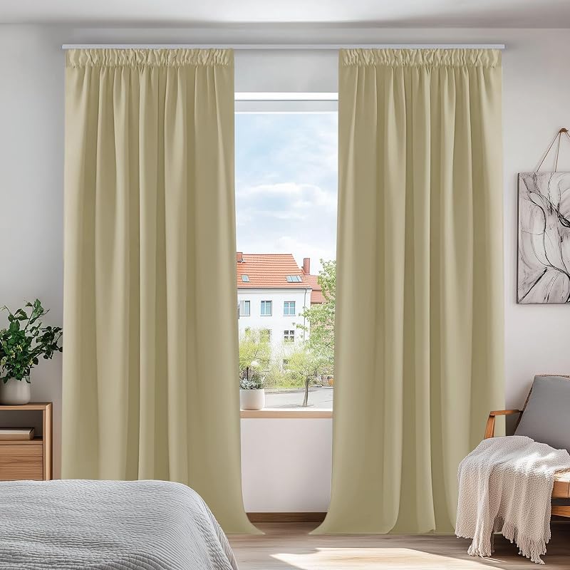 Deconovo Solid Super Soft Thermal Insulated Pencil Pleat Curtains 66x90 Beige