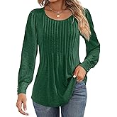 Ficerd Women's Puff Long Sleeve Tunic Tops Pleated Crew Neck Blouses Dressy Casual Loose Fit Fall and Winter Shirts