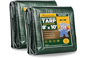 SUNLITAP 2 Pack 8' x 10' Waterproof Tarps, Finished Size Tarp Cover with Grommets Reinforced Edges, 5 MIL Multipurpose Light Duty Tarpaulin for Car, Camping, Boat, Roof, Protective Cover - Green