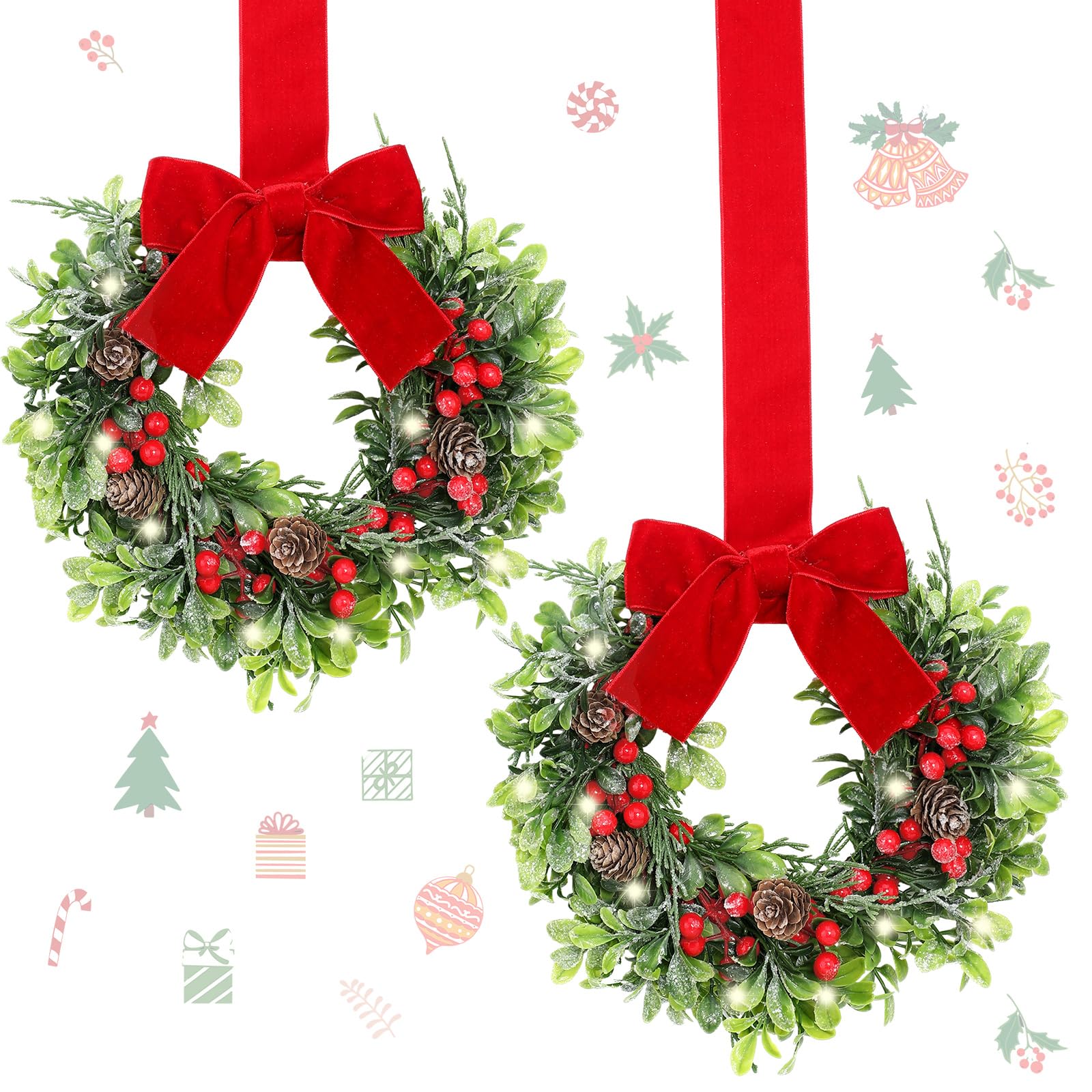 Photo 1 of Thiccywoov 2 Pcs 9 Mini Christmas Wreath for Front Door Christmas Artificial Red Berries Parasitic Leaf Winter Wreath for Cabinet Wedding Window Home Wall Indoor Decor
