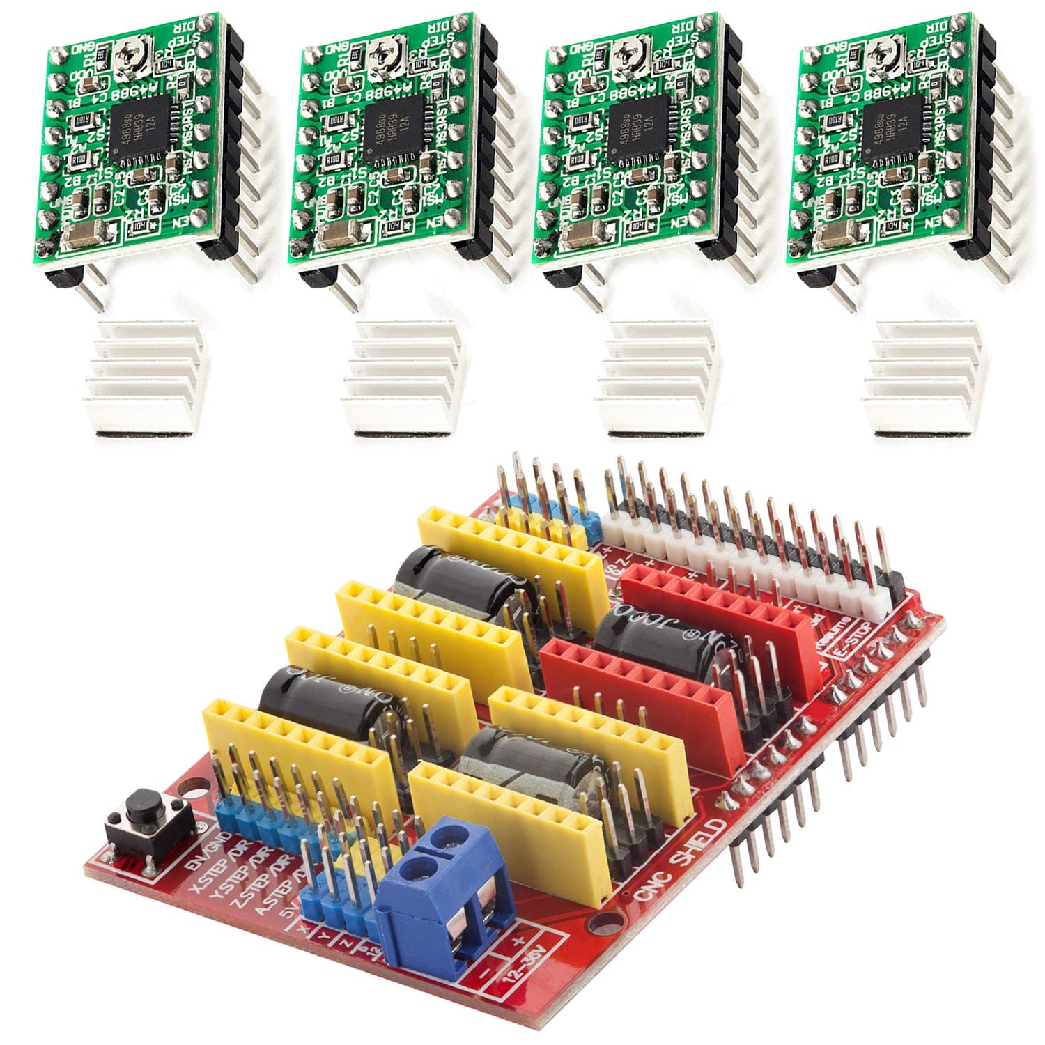 AZDelivery CNC Shield V3.0 Expansion Board Bundle, 4PCS A4988 Stepper Motor Drivers with 4PCS Heatsink Kits compatible with Arduino, 3D Printer Including E-Book!