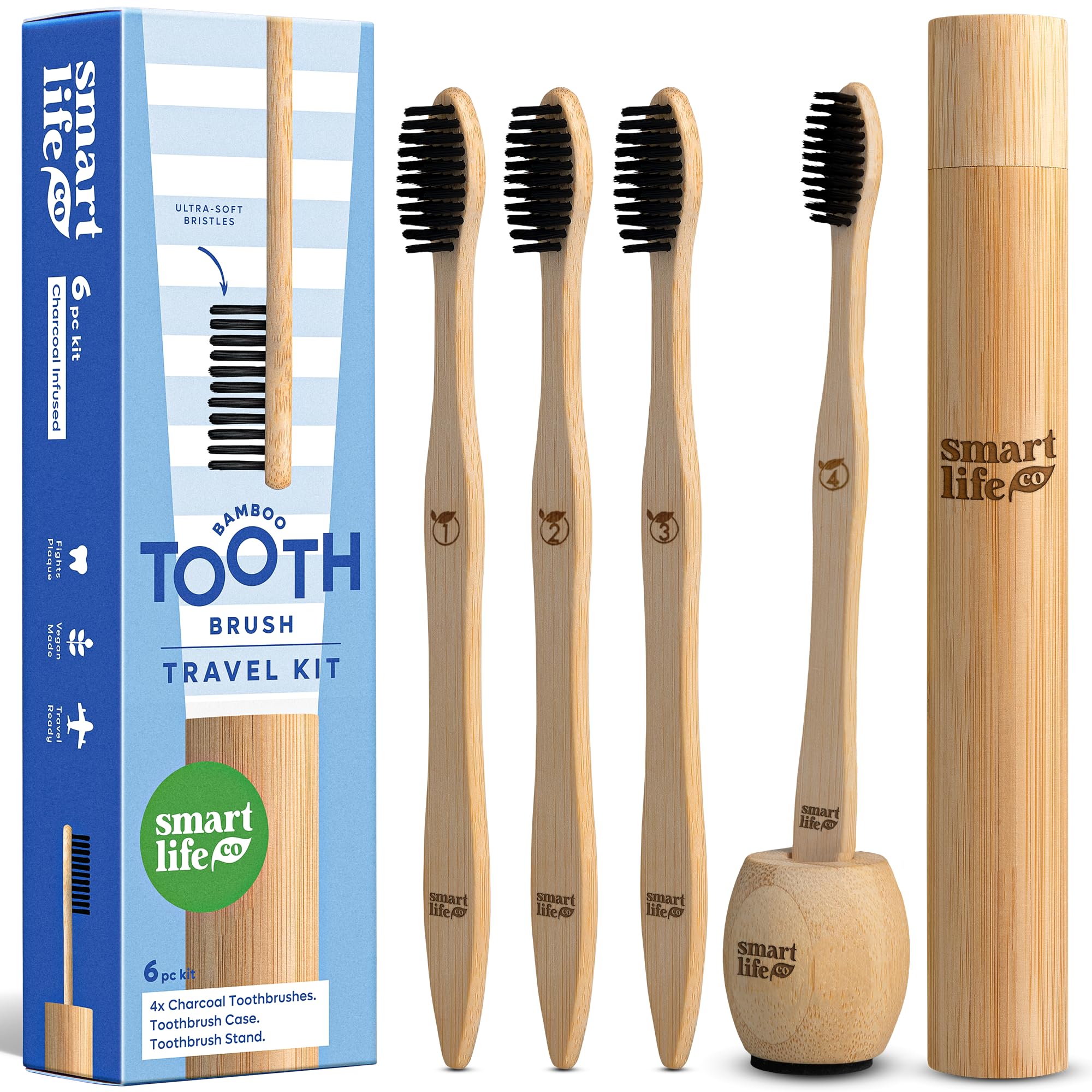Photo 1 of Bamboo Charcoal Toothbrushes (4 Pack) with Travel Case & Stand - Extra Soft Bristles for Adults & Kids Teeth | Zero Waste Travel Toothbrush Kit | Natural Eco-Friendly Wooden Brush Holder Cover