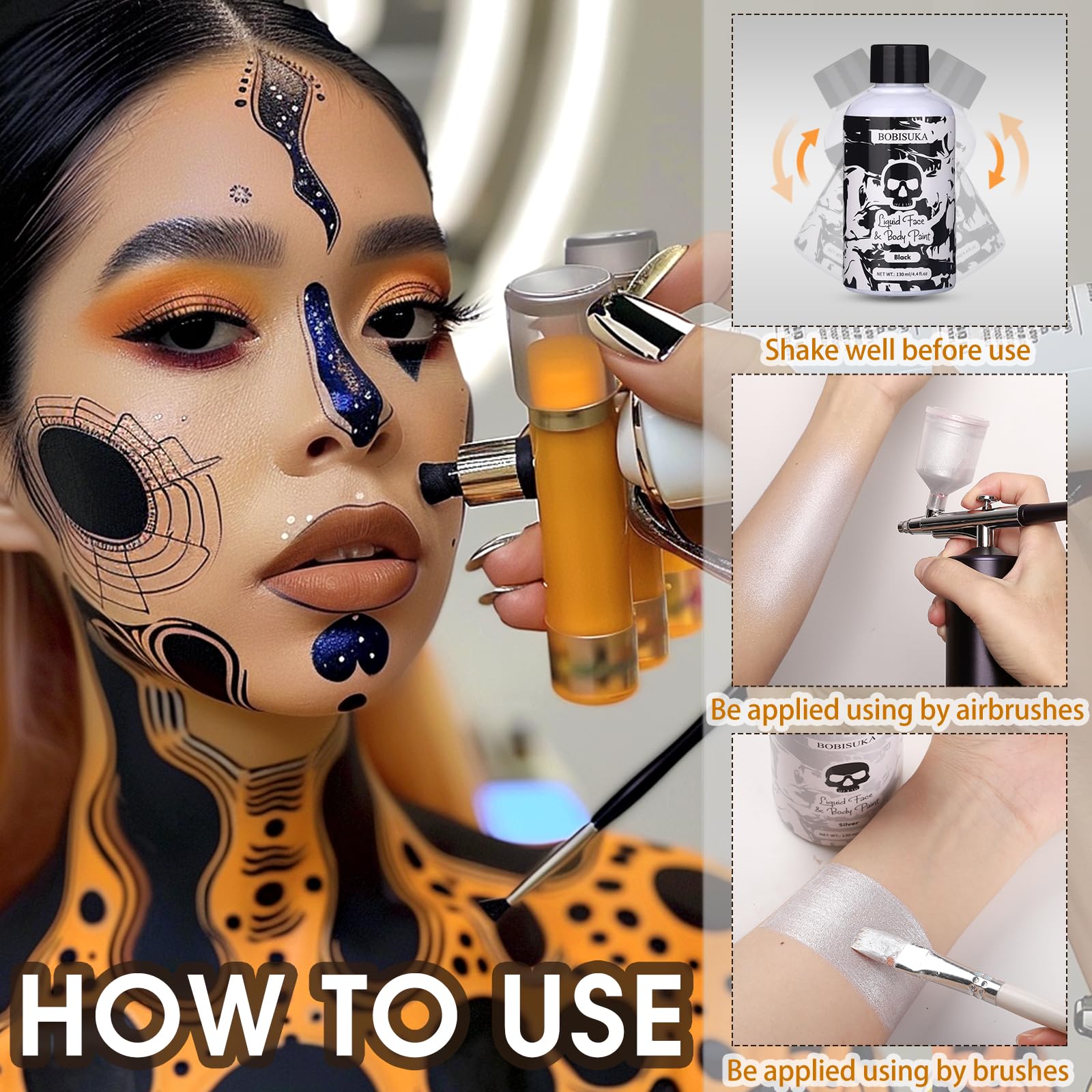 BOBISUKA Black Face Body Paint Liquid Texture Washable Non Toxic Facepaint Fast Drying Foundation Makeup for Halloween Clown Skeleton Skull Cosplay SFX Costume Party Large Capacity(130ml)