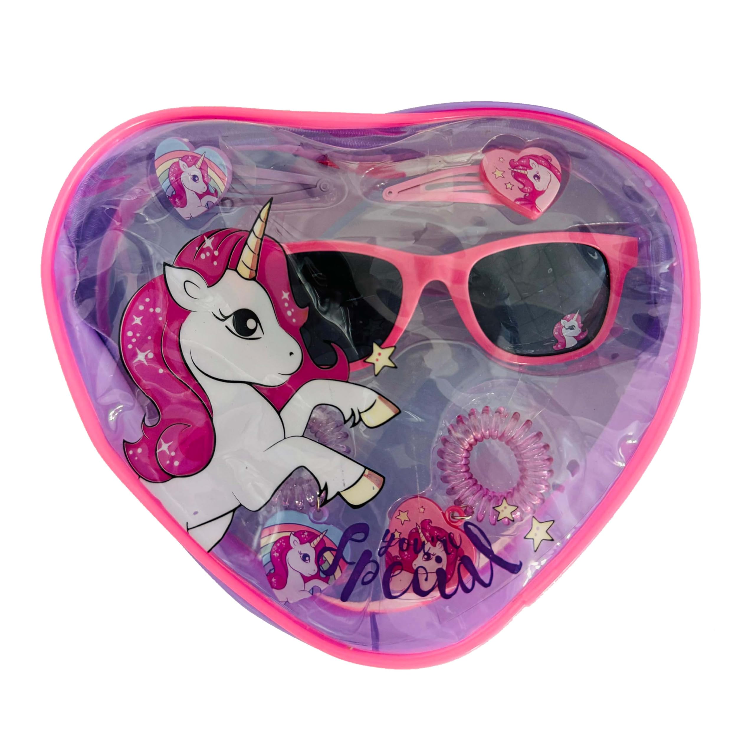 SRV Hub® Sunglasses and Hair Accessories, Bobbles and Snap Clips in Heart Shaped Storage Bag, Backpack for Girls, 4+ Years (Unicorn Bag)