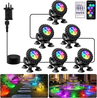 NATPOW RGB Underwater Pond Lights 6 Set IP68 APP Remote Timer Waterproof
