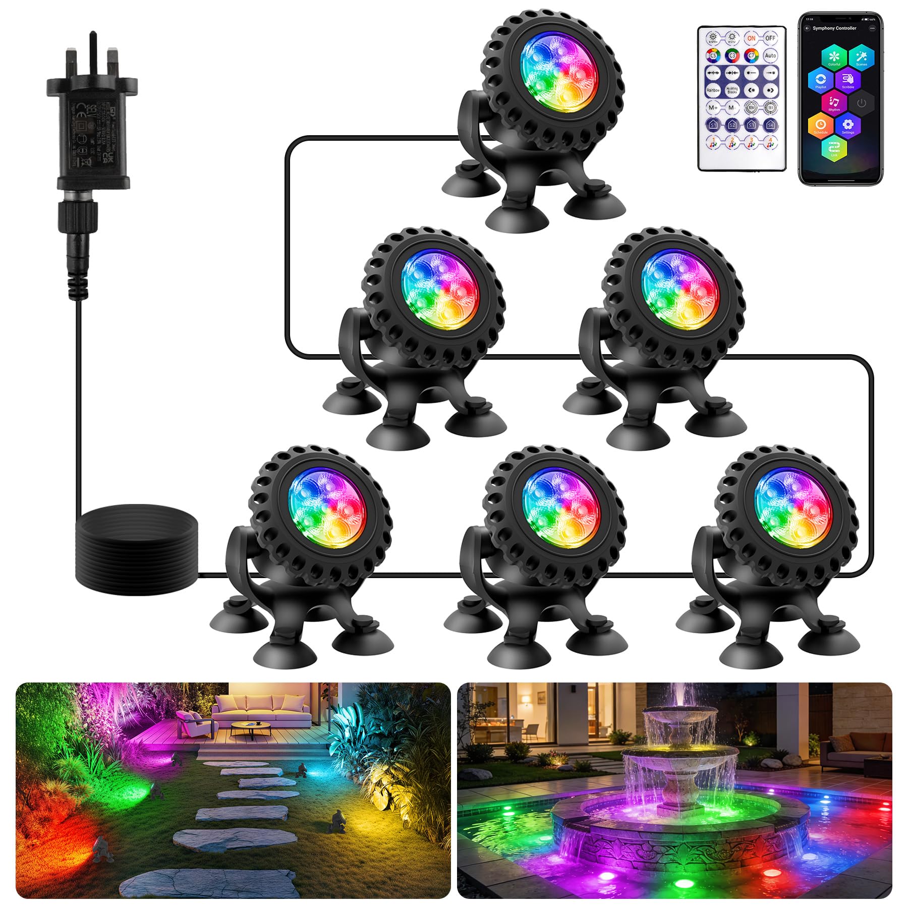 NATPOW Pond Lights Underwater Mains, RGB Underwater Light, Timer Aquarium Spot Lights with APP& Remote Control, IP68 Waterproof Multicolour Submersible Light for Fish Tank Garden Yard Pool (Set of 6)