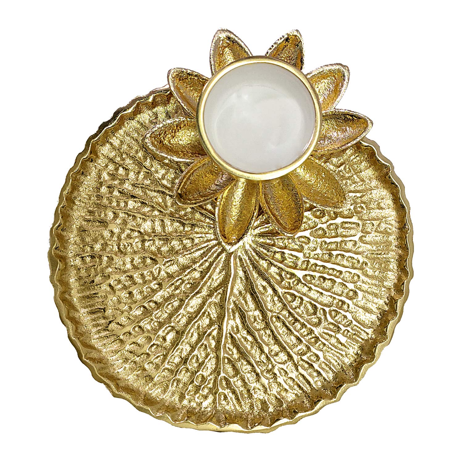 Craftsman Pooja Golden Metal Designer Thali Inbuilt Flower Lotus Petals Diya Dia Traditional Indian Hindu Temple Rituals Mandir Diwali Pujan Deepawali Home Decor Platter Gifts Items