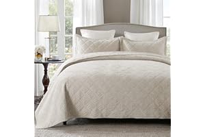 HoneiLife Bedspread Quilt Set King - 3 Piece Embroidered Corduroy Bedspreads Luxurious Coverlet Lightweight Bedcover Warm Bedding Set All Season Quilts-Greyish White, King Size