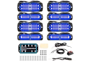BooYu 8-pcs Sync Feature LED Emergency Strobe Lights Ultra Slim Grille Surface Mount Flashing Warning Hazard Light Bar w/Controller for Police, Firefighter, Trucks, Vehicles, Car (Blue)