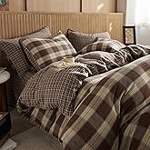 EAVD Vintage Yellow&Brown Plaid Duvet Cover Queen Soft 100% Muslin Cotton Retro Grid Checkered Plaid Bedding Set with 2 Pillowcases Farmhouse Reversible Gingham Duvet Cover with Zipper Closure