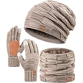 Mens Hat Scarf and Gloves Set Winter, Thick Thermal Fleece Lined Slouchy Beanie Neck Warmer Scarves Touchscreen Gloves, 3 in 1 Warm Set for Cold Weather(Khaki)