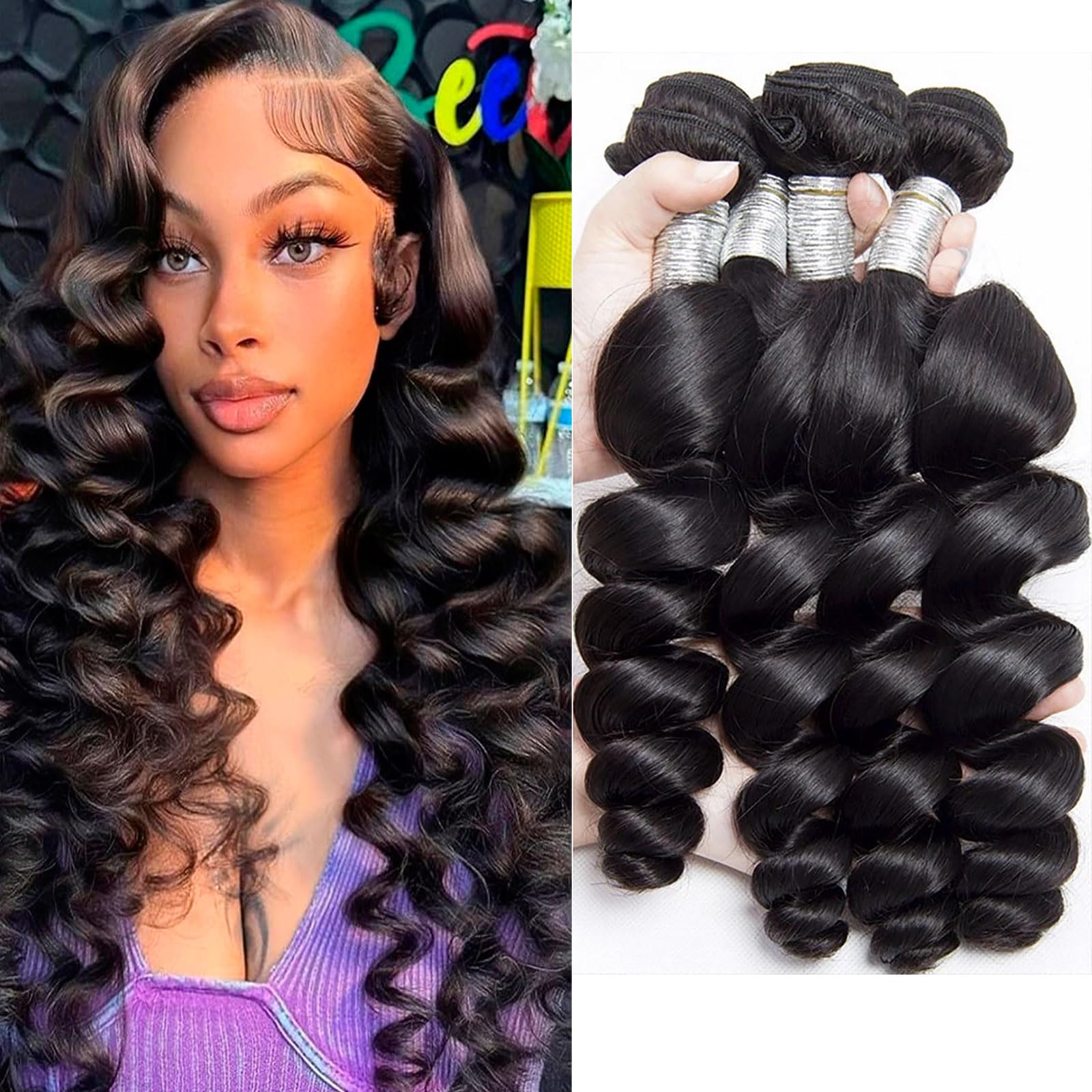 Huarisi Loose Wave Bundles Human Hair 20 22 24 26 Inch, 4 Bundles Brazilian Loose Wave Hair Weaves for Black Women, 8a Unprocessed Real Hair Extensions Natural Color โ image 1