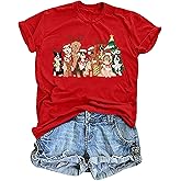 Christmas Shirts for Women Funny Xmas Light Dogs T-Shirt Cute Dog Lover Short Sleeve Holiday Tops