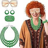 Suncalla 5 Pcs Landlady Costumes Red Orange Short Curly Wig Sunglasses Oversized Jewelry Set for Halloween Party Cosplay
