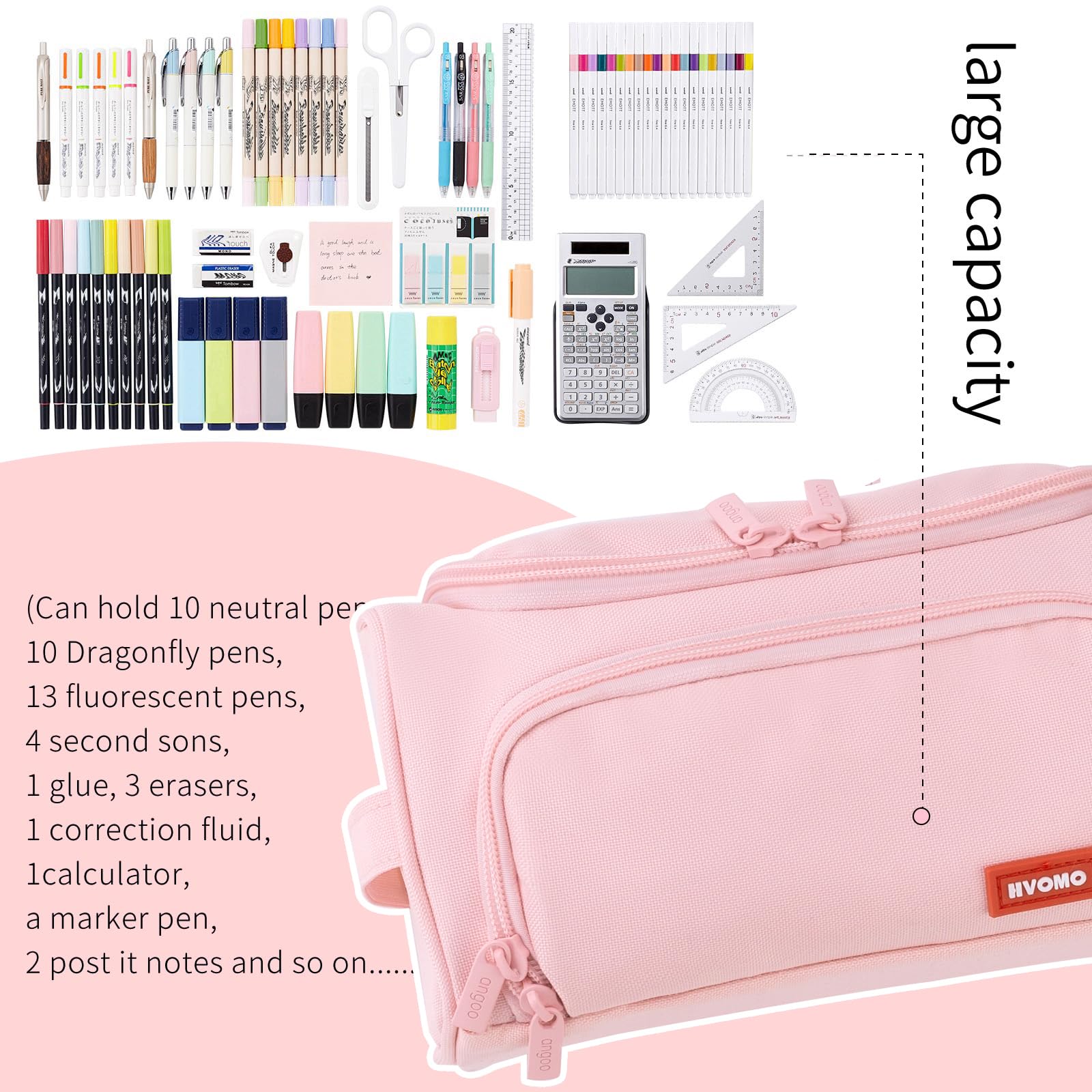 HVOMO Big Capacity Pencil Case High Large Storage Pouch Marker Pen Case Travel Simple Stationery Bag School College Office Organizer for Teens Girls Adults Student（Pink）