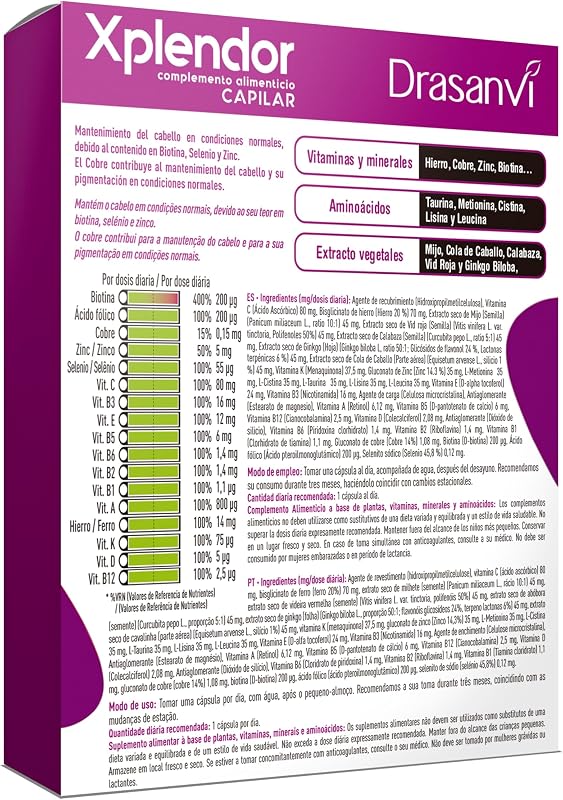XPLENDOR Capilar con 13 Vitaminas, 4 Minerales, Aminoácidos y Extractos Vegetales | Para el Cabello y su Pigmentación | Con Mijo, rico en Nutrientes y MicroNutrientes |24 Cápsulas = 24 Días