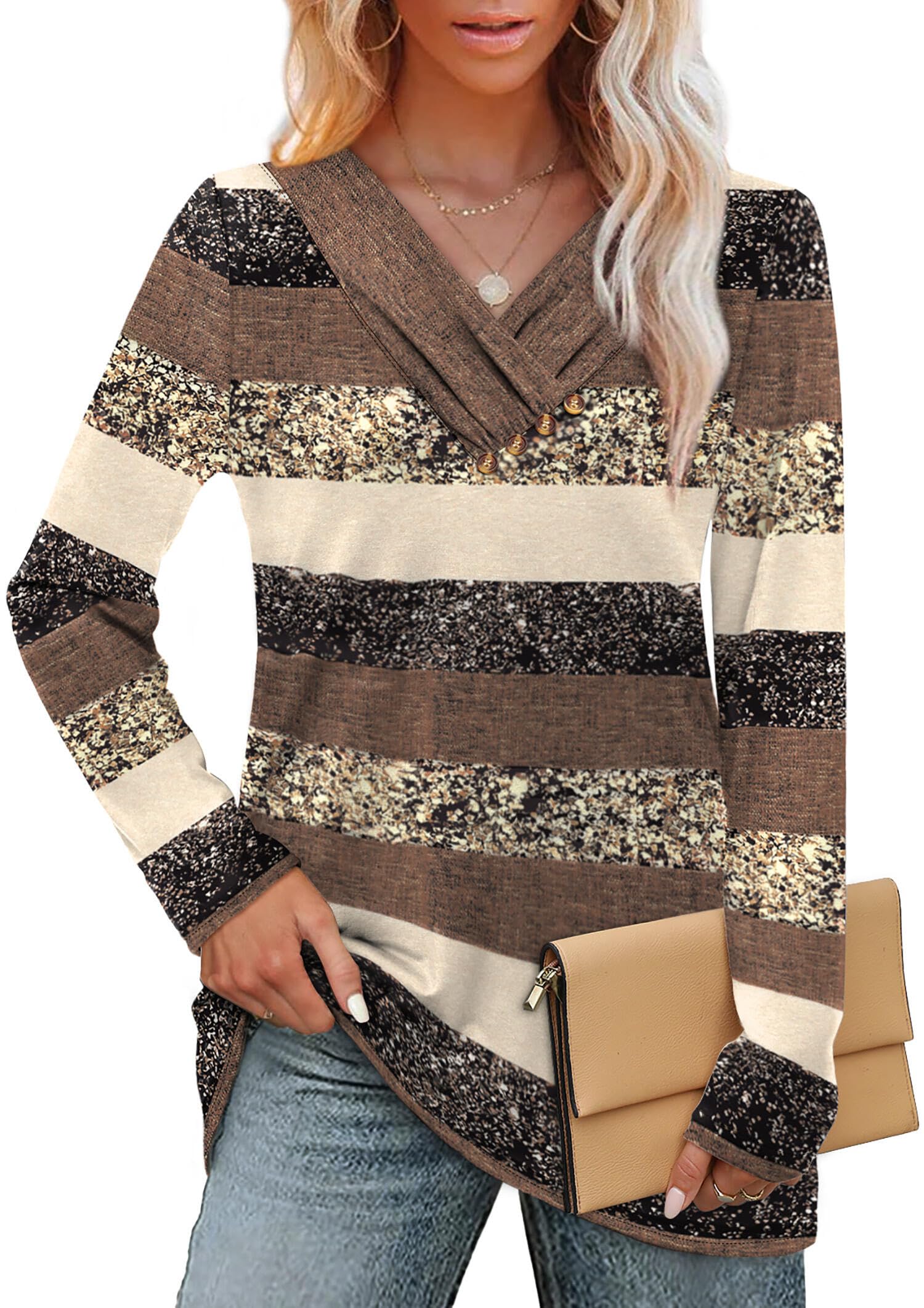 WIHOLL Long Sleeve Shirts for Women Fall Outfits V Neck T Shirts Button Down Tunic Tops Fashion Clothing