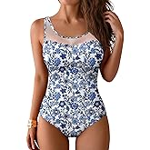 Pink Queen Women One Piece Swimsuit Modest Mesh Sheer Tummy Control Swimwear Bathing Suit