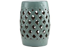 Knocbel Decorative Ceramic Garden Stool, Double-Coin Knotted Ring Design Side Table, Accent Indoor Outdoor Glazed Strong Material Plant Stand, 13.5" Dia x 17.25" H, Antique Blue Double-Coin