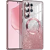 Casetego for Galaxy S25 Ultra 5G Case,Compatible with MagSafe,Clear Magnetic Glitter Gradient Sparkle Luxury Plated Soft TPU Bumper Full Camera Lens Protector for Samsung Galaxy S25 Ultra 5G,Rose Gold
