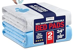 HYGIENX Reusable Bed Pads, 34”x36” 2 Pack, 4 Layers Waterproof Underpad Soft Absorbent Cotton Breathable Incontinence Pad Was