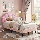 HIFIT Twin Upholstered Smart LED Bed Frame with Adjustable Chic Petal Headboard, Princess Twin Size Platform Bed Frames for Kids/Girls, Wooden Slat Support, No Box Spring Needed, Easy Assembly, Pink