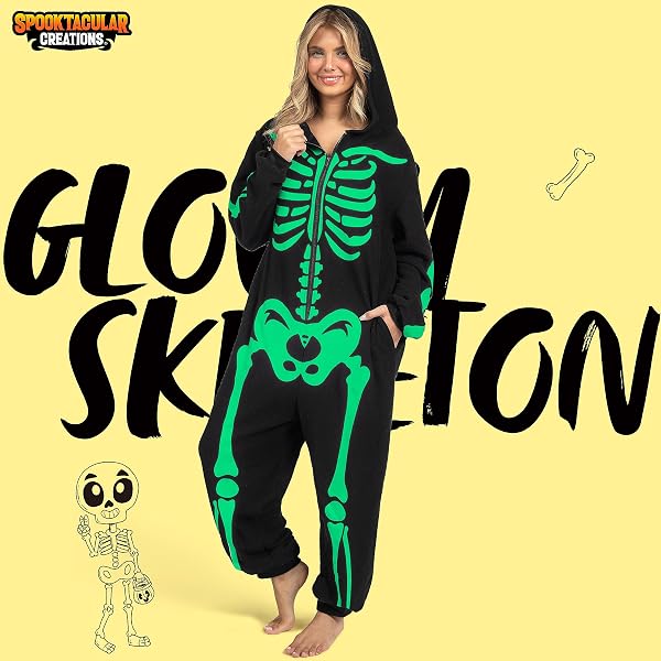 SPOOKTACULAR CREATIONS ADULT SKELETON COSTUMES FOR WOMEN GLOW IN THE DARK SKELETON JUMPSUIT ZIP-UP HOODED JUMPSUIT HALLOWEEN COSPLAY COSTUME
