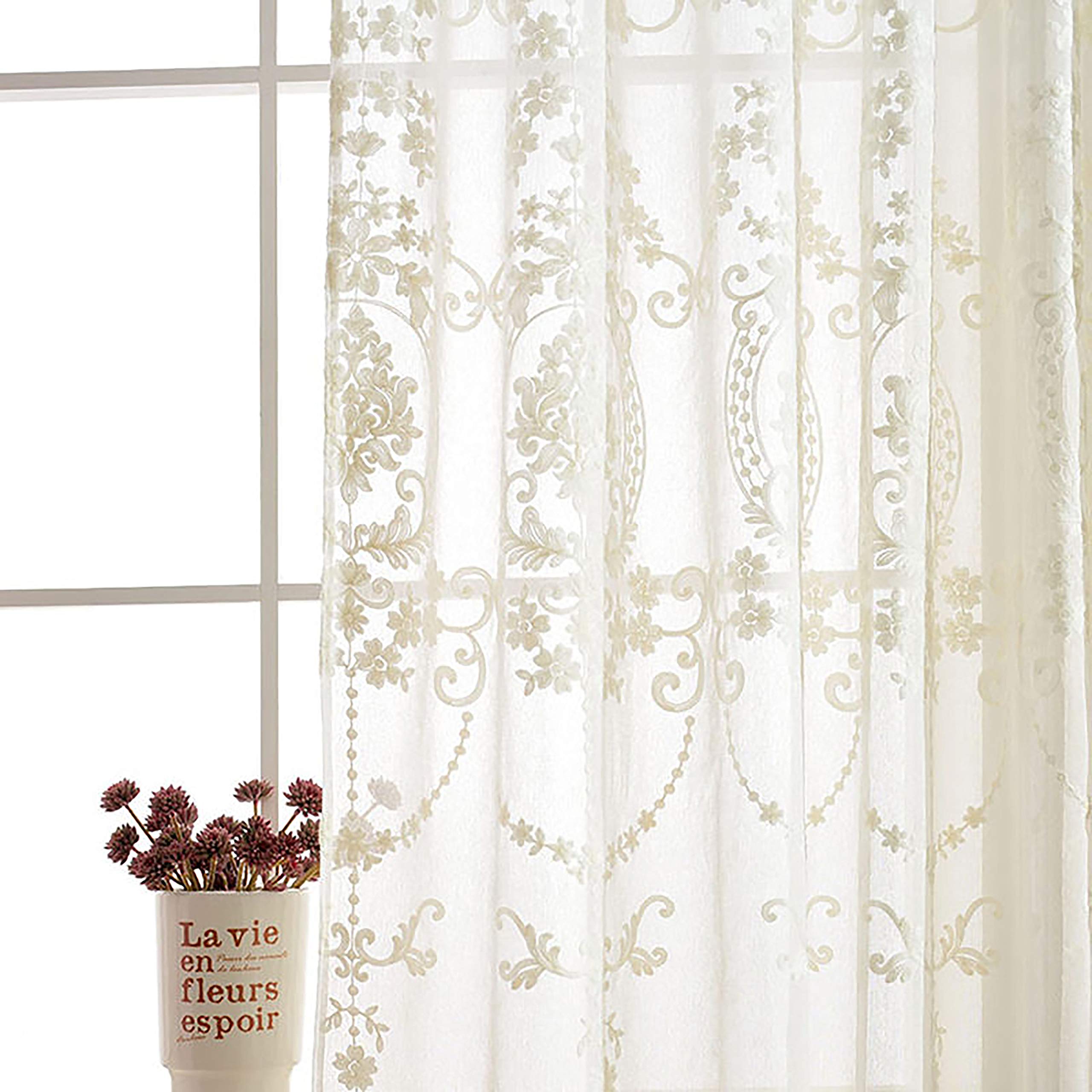 SLOW SOUL 2 Panels White European Style Sheer Curtain Embroidered Window Curtains Europe Floral Tulle for Living Room Bedroom with Rod Pokcet White 54W X 90L inch