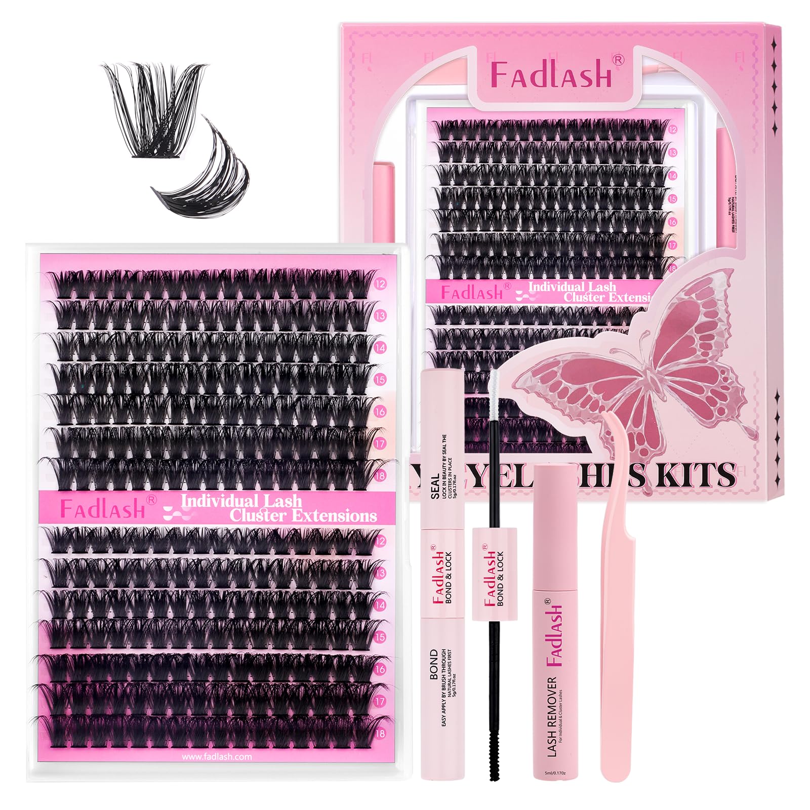 FADLASH 80D+100D 0.07mm D Curl 12-18mm with Bond and Seal, Remover and Tweezers Fluffy Wispy Cluster Lashes DIY Eyelash Extensions โ image 1