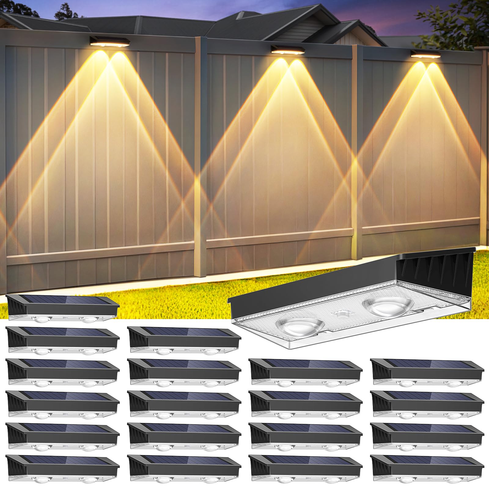 Photo 1 of Solar Fence Lights Outdoor, 20 Pack Warm/Neutual/Cool White Fence Lights Solar Powered with 2 LED, IP65 Waterproof, Deck Lighting for Backyard, Patio, Wall, Railing, Pool, Stair