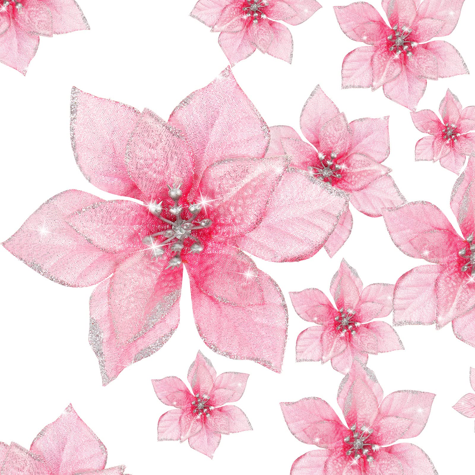 WILLBOND 24 Pieces 3 Size Christmas Glitter Poinsettia Flowers Wedding Faux Flowers Christmas Decoration Ornaments For Christmas tree New Year Home Outdoor Decoration (Rose Red,3.2/4/6 Inches)
