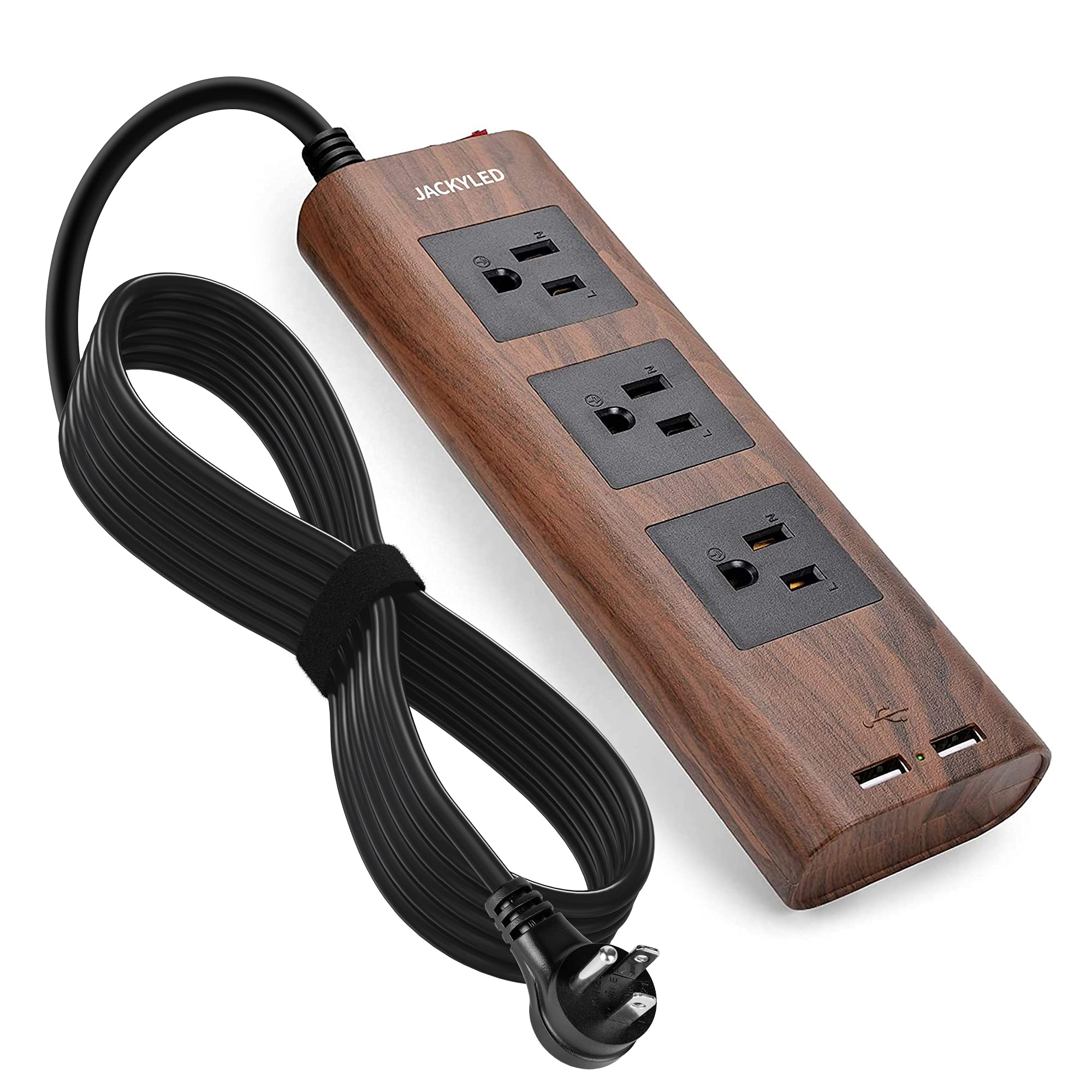 Photo 1 of 10Ft Extension Cord with USB Ports, JACKYLED Flat Plug Brown Power Strip Surge Protector 3 Widely Spaced Outlets, Electrical Outlet Extender, Desktop Charging Station, Walnut Wood Grain