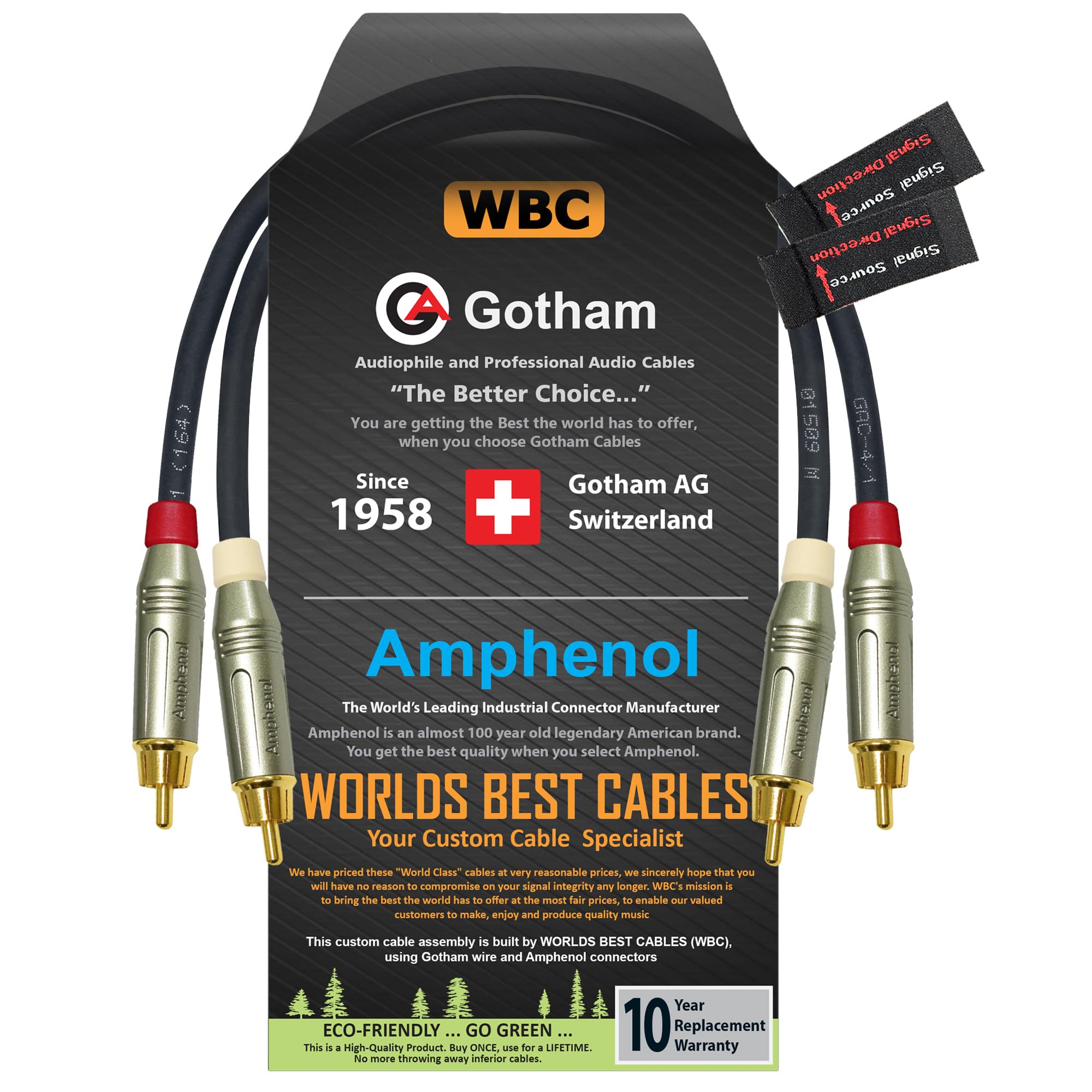 WORLDS BEST CABLES 30 cm RCA Cable Pair - Gotham GAC-4/1 (Black) Star-Quad Balanced Audio Interconnect Cable with Amphenol ACPR Die-Cast, Gold Plated RCA Connectors - Directional
