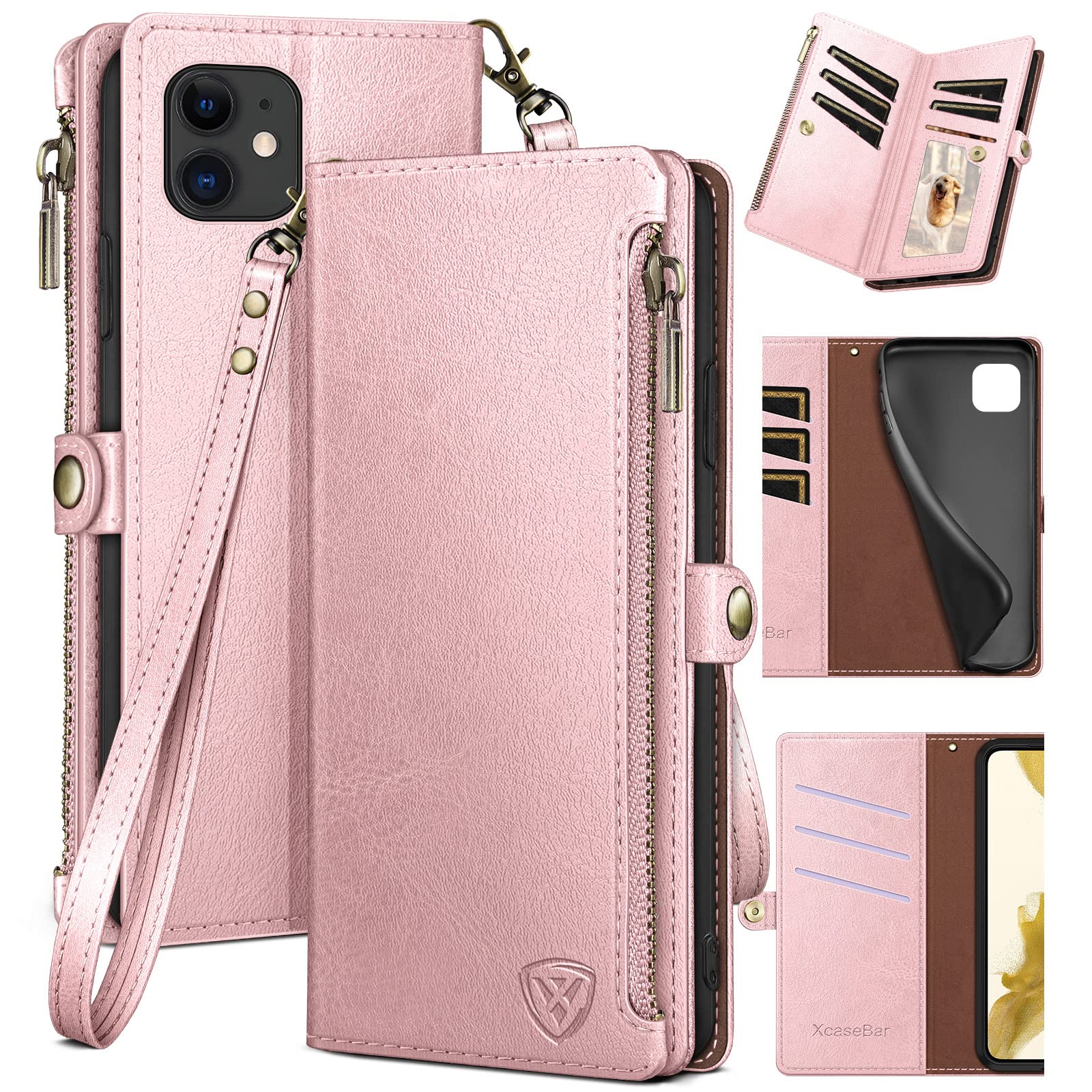 Photo 1 of XcaseBar for iPhone 11 6.1" Wallet case with Zipper Credit Card Holder?RFID Blocking?, Flip Folio Book PU Leather Phone case Shockproof Cover Women Men for Apple 11 case Rose Gold